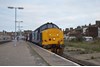 Unusually routed into platform 4 at Lowestoft, the 1548 return to Norwich, headed by 37419, waits departure. The train arrived with 37405 leading. Unusually routed into platform 4 at Lowestoft, the 1548 return to Norwich, headed by 37419, waits departure. The train arrived with 37405 leading.