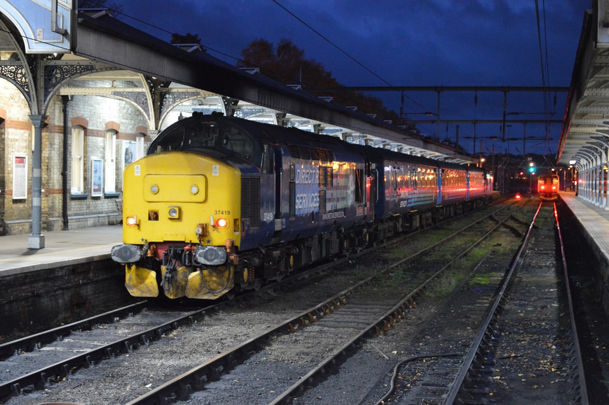 DRS 37419 waits to trail the 1736 to Great Yarmouth from Norwich on November 12. The Class 37 at each end of the train is powered, meaning there is more than 3,000hp available to haul three coaches. DRS 37419 waits to trail the 1736 to Great Yarmouth from Norwich on November 12. The Class 37 at each end of the train is powered, meaning there is more than 3,000hp available to haul three coaches.