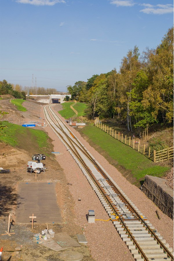 The set of points installed at Kings Gate at the southern end of the double track section that starts beyond Newcraighall junction and includes Shawfair on October 8.