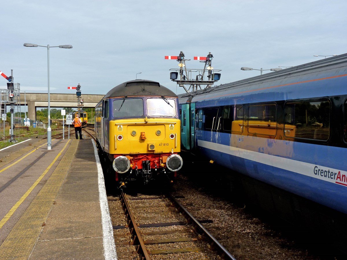 Direct Rail Services 47810 Peter Bath MBE 1927-2006 runs round its train at Great Yarmouth on August 17 2013, before hauling the 1310 to London Liverpool Street as far as Norwich. RICHARD CLINNICK. Direct Rail Services 47810 Peter Bath MBE 1927-2006 runs round its train at Great Yarmouth on August 17 2013, before hauling the 1310 to London Liverpool Street as far as Norwich. RICHARD CLINNICK.