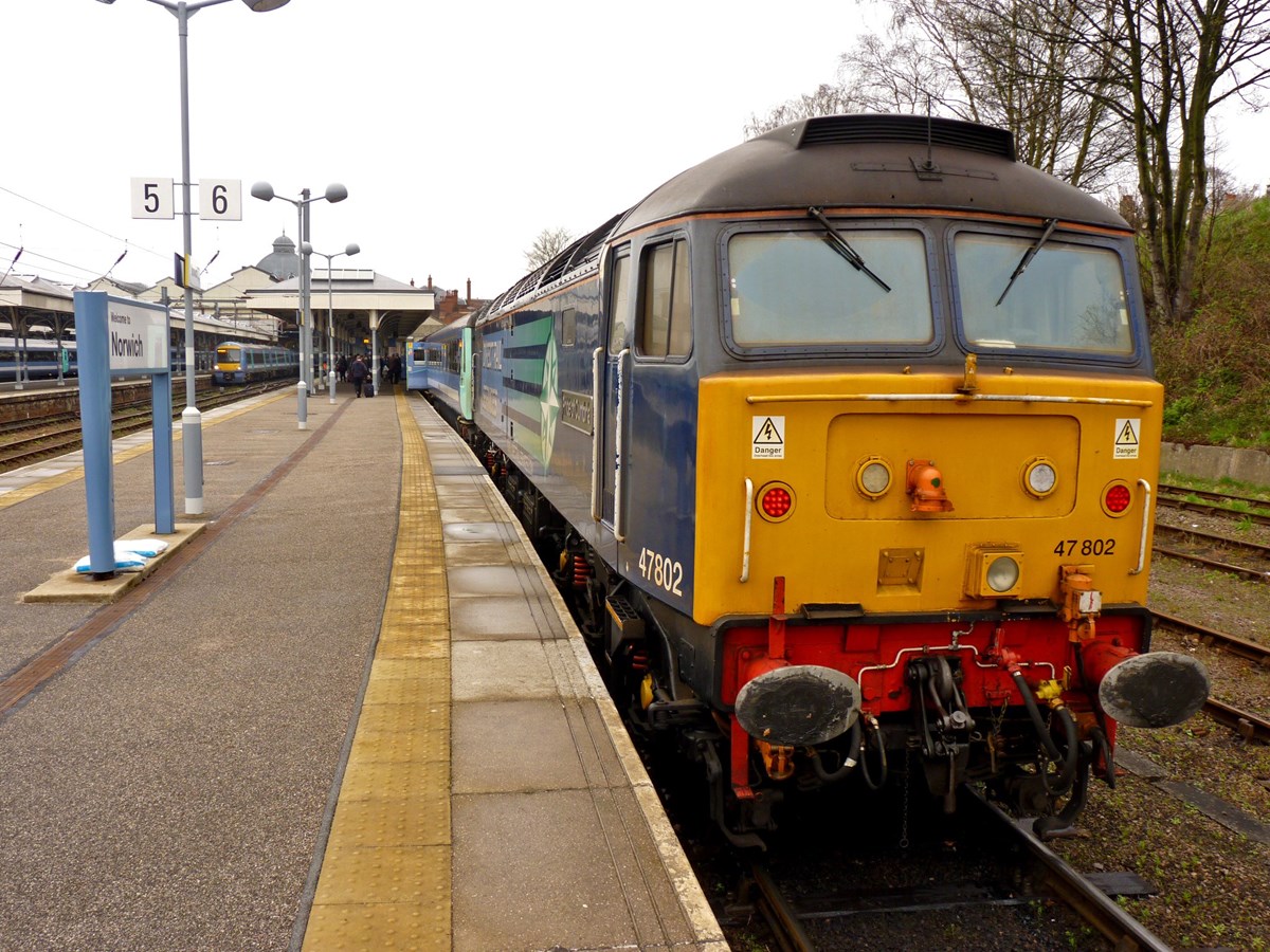 One of the original four Direct Rail Services Class 47s, 47802 Pride of Cumbria stands at Norwich on April 17 2014, with the 1036 to Great Yarmouth. The '47' is now part of the West Coast Railway fleet. RICHARD CLINNICK. One of the original four Direct Rail Services Class 47s, 47802 Pride of Cumbria stands at Norwich on April 17 2014, with the 1036 to Great Yarmouth. The '47' is now part of the West Coast Railway fleet. RICHARD CLINNICK.