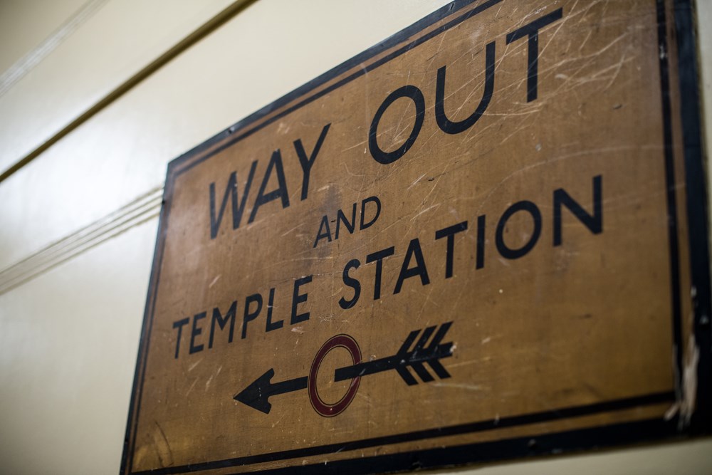 The original 'Way Out' sign pointing towards the Surrey Street exit of Aldwych station. There was talk of this sign being moved to the London Transport Museum archive at Acton, but this hasn't come to fruition.
