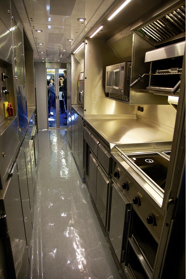 The galley, looking back towards the passenger saloon, with the driving cab immediately to the rear. NIGEL HARRIS Galley