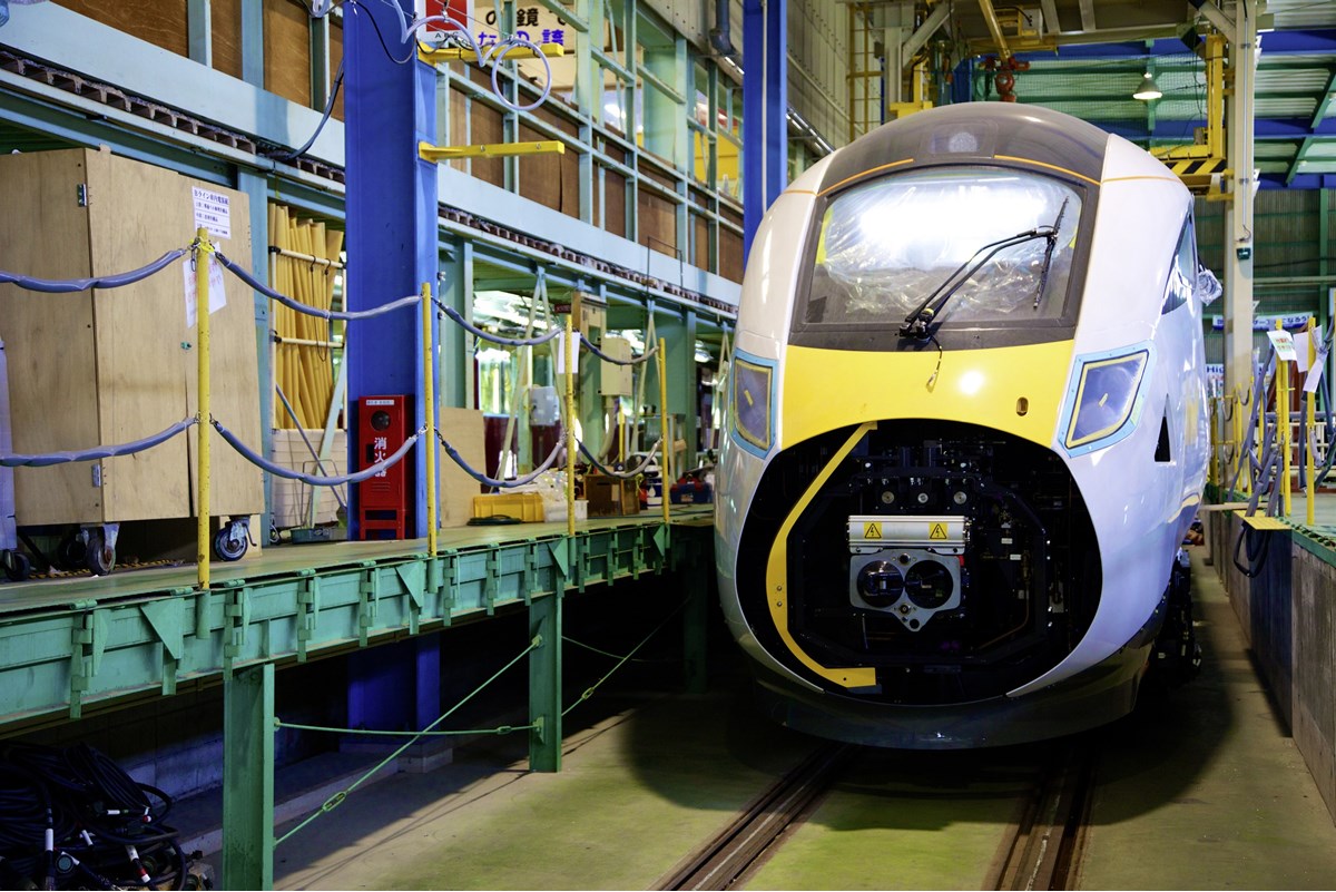 One of the driving cars for the first part-built nine-car IEP stands in the Kasado erecting shops. This is actually designated Train No. 58. NIGEL HARRIS Driving car in first IEP