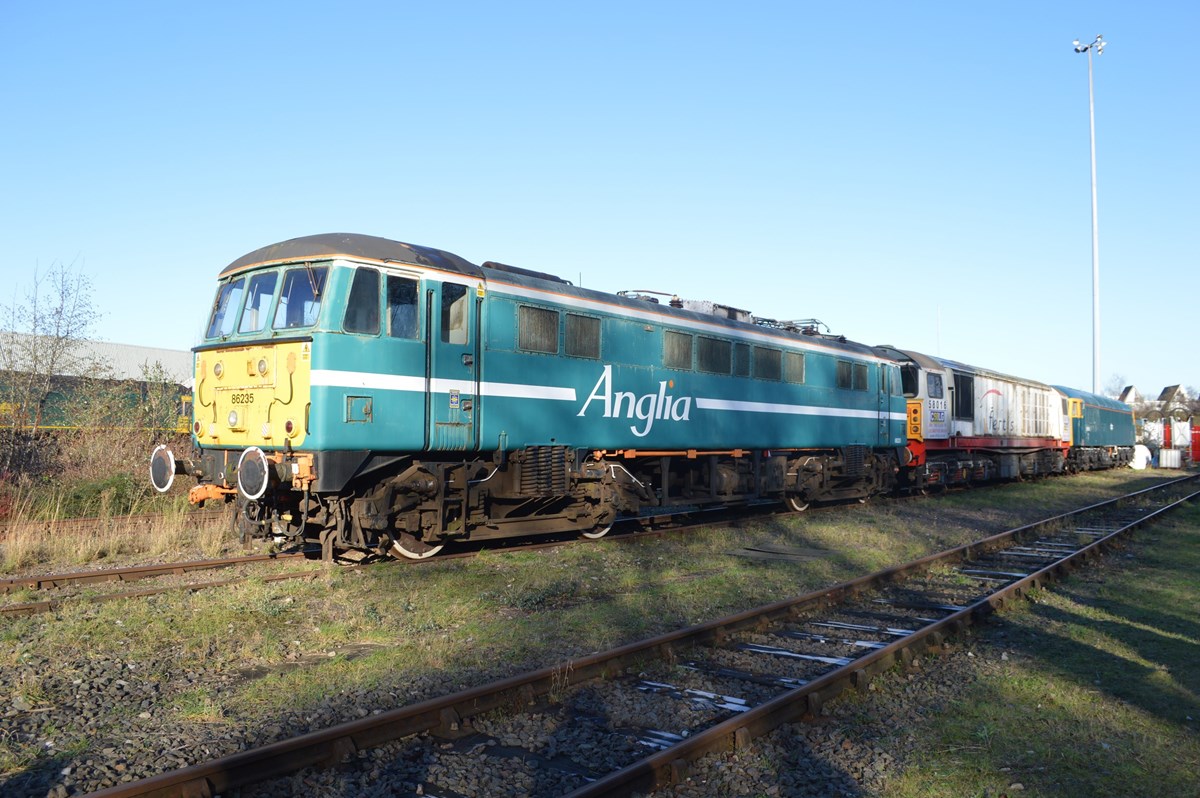86235 stands in the winter sun at Leicester on January 15. It is to be overhauled before a decision is made on its future, although it is likely to be exported. RICHARD CLINNICK. 86235 stands in the winter sun at Leicester on January 15. It is to be overhauled before a decision is made on its future, although it is likely to be exported. RICHARD CLINNICK.