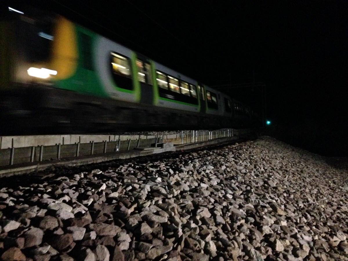 First train at Leighton Buzzard on new embankment