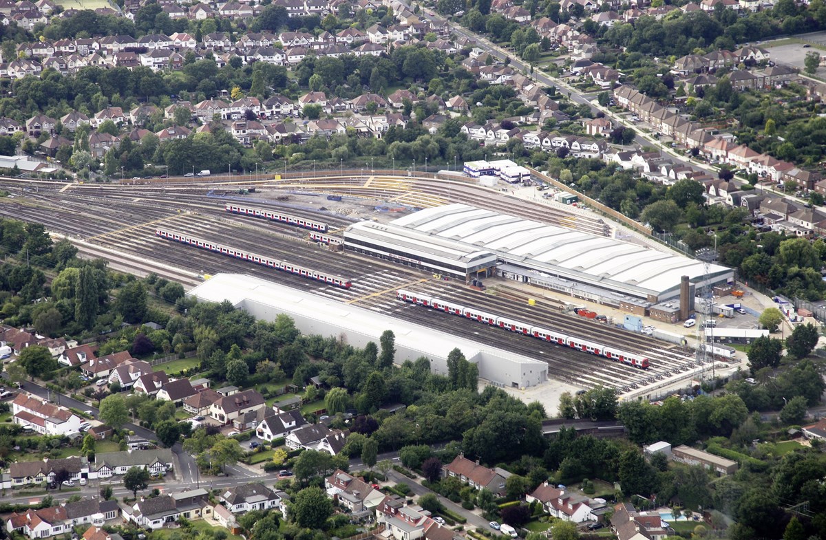 On September 4 2013, London Underground D-Stock (dating from 1980) and a single unit of recently introduced S-Stock sit in the sidings at Upminster depot, the eastern terminus of the District Line in Essex. Construction work for new sidings is evident here.