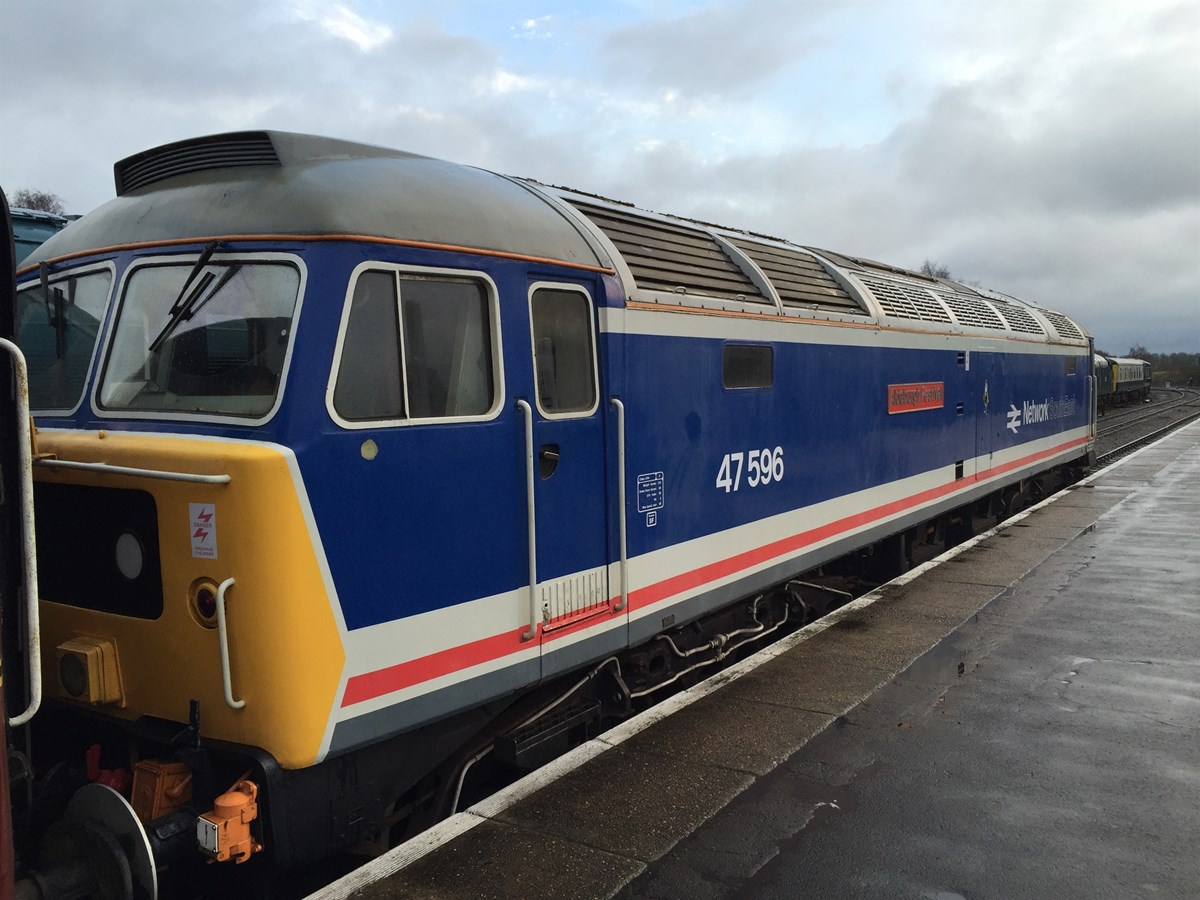 Resplendent in revised Network SouthEast livery, 47596 Aldeburgh Festival stands at Dereham on December 27 2014. It would be joined by 47367, and the pair hauled the 1200 to Wymondham Abbey.