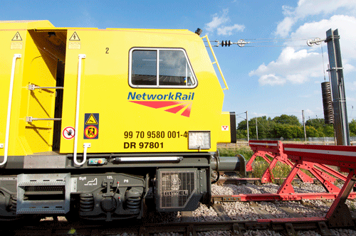 NR’s first Mobile Maintenance Train sits at Darlington on September 11 2015. It consists of mobile maintenance car DR97801, tool car DR97601 and traction car DR97501. PHIL HAIGH
