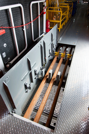 There’s space for six 45-foot rails under the floor of the tool car. PHIL HAIGH