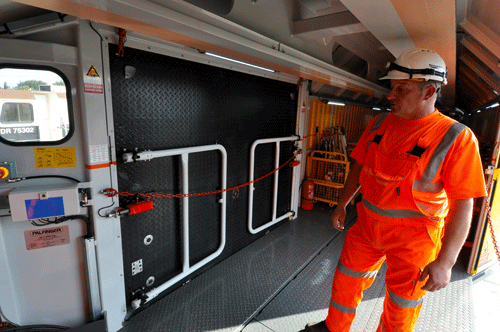 Loading platforms are interlocked with the MMT’s traction control, to ensure that they are only used when stationary in depots. PHIL HAIGH