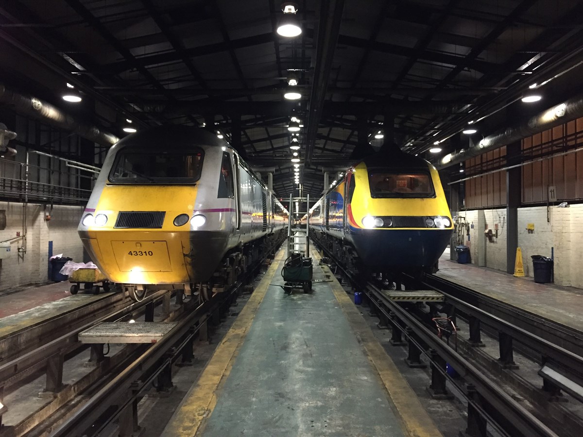 East Coast 43310 (left) and East Midlands Trains 43048 (right) stand inside Neville Hill during the early hours of December 9. The EC power car was undergoing repairs, while the EMT HST was receiving an exam.