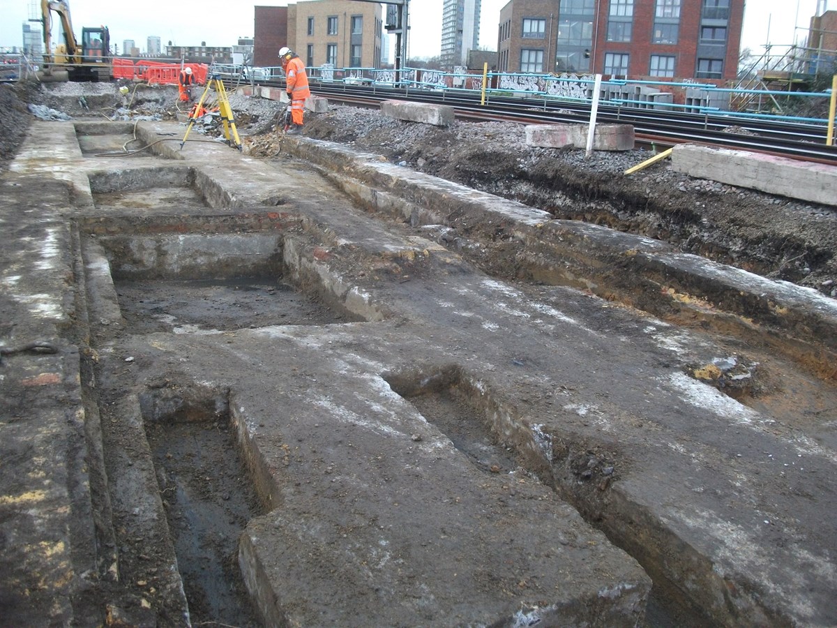 Old platform footings uncovered from the long-lost Southwark Park station. NETWORK RAIL.