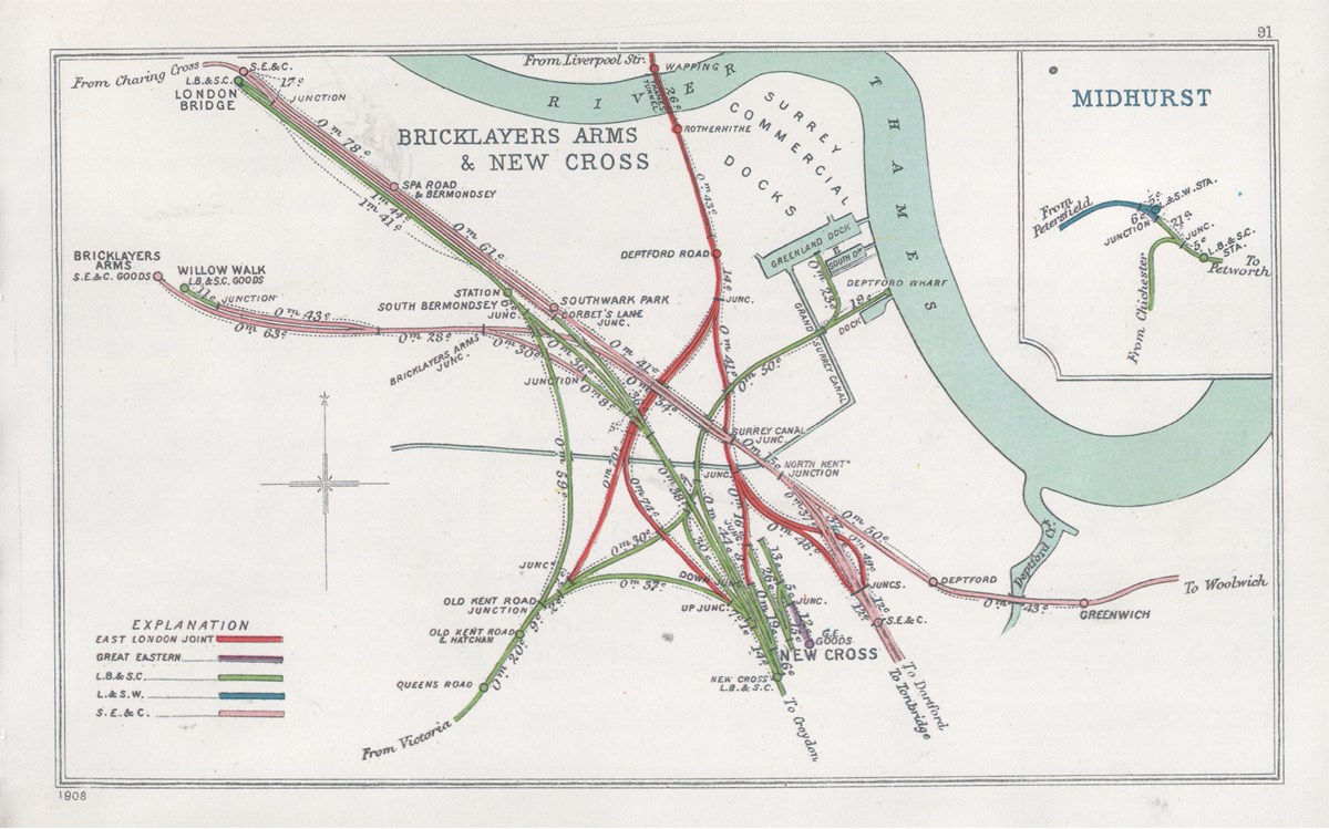 An historic map of railway lines in the Bermondsey area.