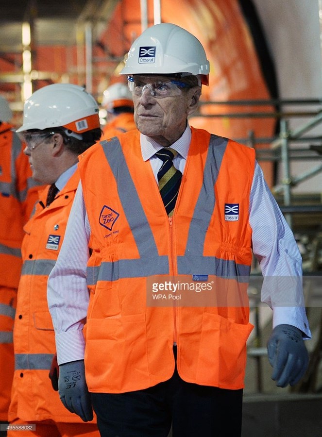 Prince Philip, Duke of Edinburgh is shown around the new Crossrail station taking shape 30 metres below Farringdon in London, where he met some of the apprentices, construction workers and engineers delivering the station on November 4, 2015 in London, United Kingdom. BECHTEL