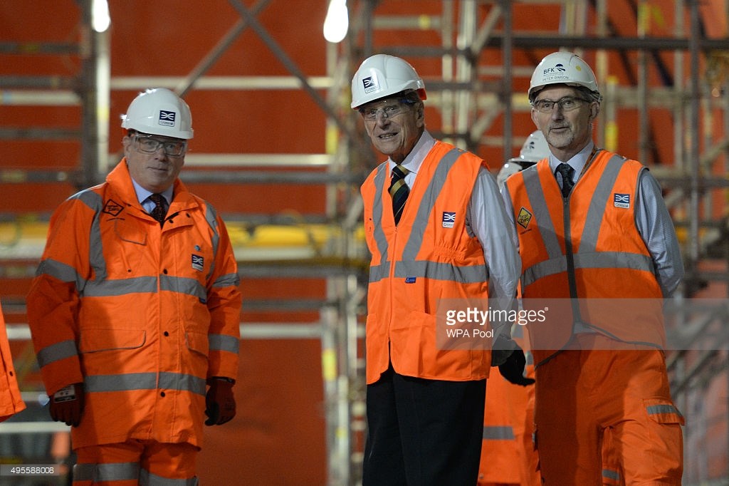 Prince Philip, Duke of Edinburgh is shown around the new Crossrail station taking shape 30 metres below Farringdon in London, where he met some of the apprentices, construction workers and engineers delivering the station on November 4, 2015 in London, United Kingdom. BECHTEL