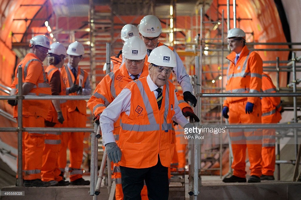 Prince Philip, Duke of Edinburgh is shown around the new Crossrail station taking shape 30 metres below Farringdon in London, where he met some of the apprentices, construction workers and engineers delivering the station on November 4, 2015 in London, United Kingdom. BECHTEL