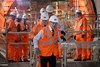 Prince Philip, Duke of Edinburgh is shown around the new Crossrail station taking shape 30 metres below Farringdon in London, where he met some of the apprentices, construction workers and engineers delivering the station on November 4, 2015 in London, United Kingdom. BECHTEL