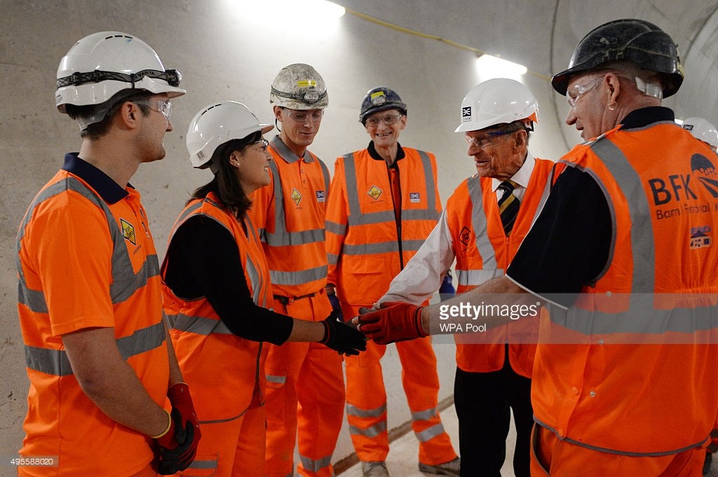 Prince Philip, Duke of Edinburgh is shown around the new Crossrail station taking shape 30 metres below Farringdon in London, where he met some of the apprentices, construction workers and engineers delivering the station on November 4, 2015 in London, United Kingdom. BECHTEL