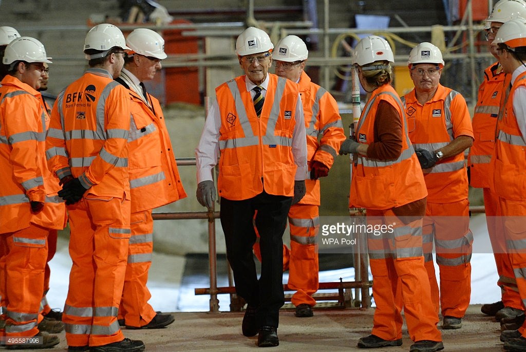 Prince Philip, Duke of Edinburgh is shown around the new Crossrail station taking shape 30 metres below Farringdon in London, where he met some of the apprentices, construction workers and engineers delivering the station on November 4, 2015 in London, United Kingdom. BECHTEL
