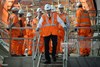 Prince Philip, Duke of Edinburgh is shown around the new Crossrail station taking shape 30 metres below Farringdon in London, where he met some of the apprentices, construction workers and engineers delivering the station on November 4, 2015 in London, United Kingdom. BECHTEL