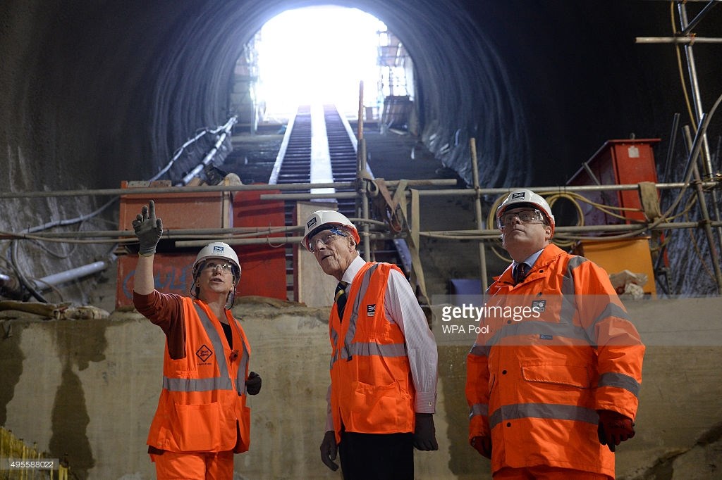 Prince Philip, Duke of Edinburgh is shown around the new Crossrail station taking shape 30 metres below Farringdon in London, where he met some of the apprentices, construction workers and engineers delivering the station on November 4, 2015 in London, United Kingdom. BECHTEL