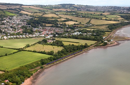 Having passed through Teignmouth, a First Great Western High Speed Train heads inland towards Newton Abbot. It is nearing Bishopsteignton, a small village between the two towns. First Great Western train heads towards Newton Abbot
