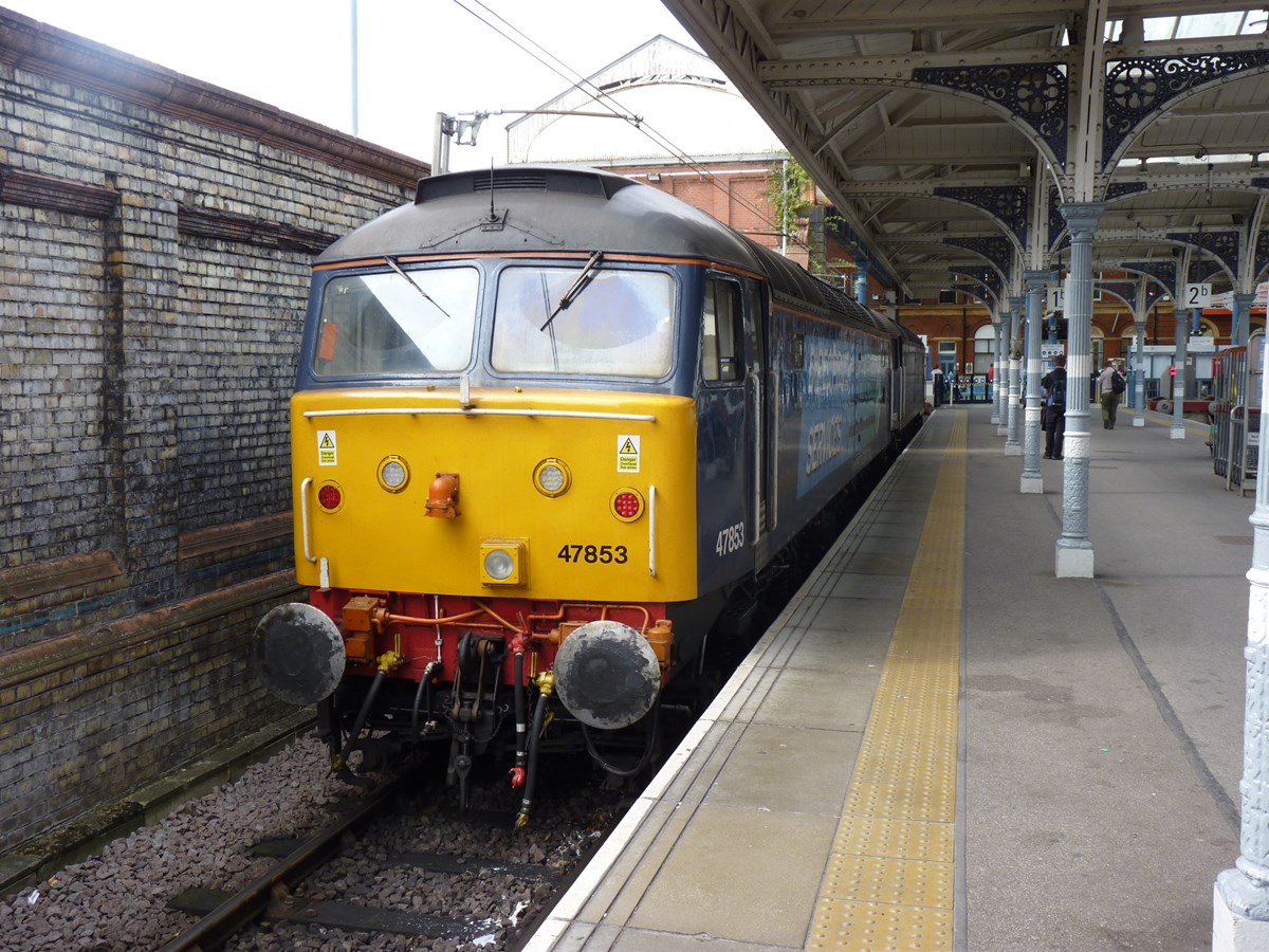 With Direct Rail Services 47813 Solent having failed at Norwich on September 13 2014, classmate DRS 47853 Rail Express was sent to rescue it. Having arrived in Platform 1 on its rescue mission, 47853 prepares to haul the failed '47' to Norwich Crown Point for repairs.