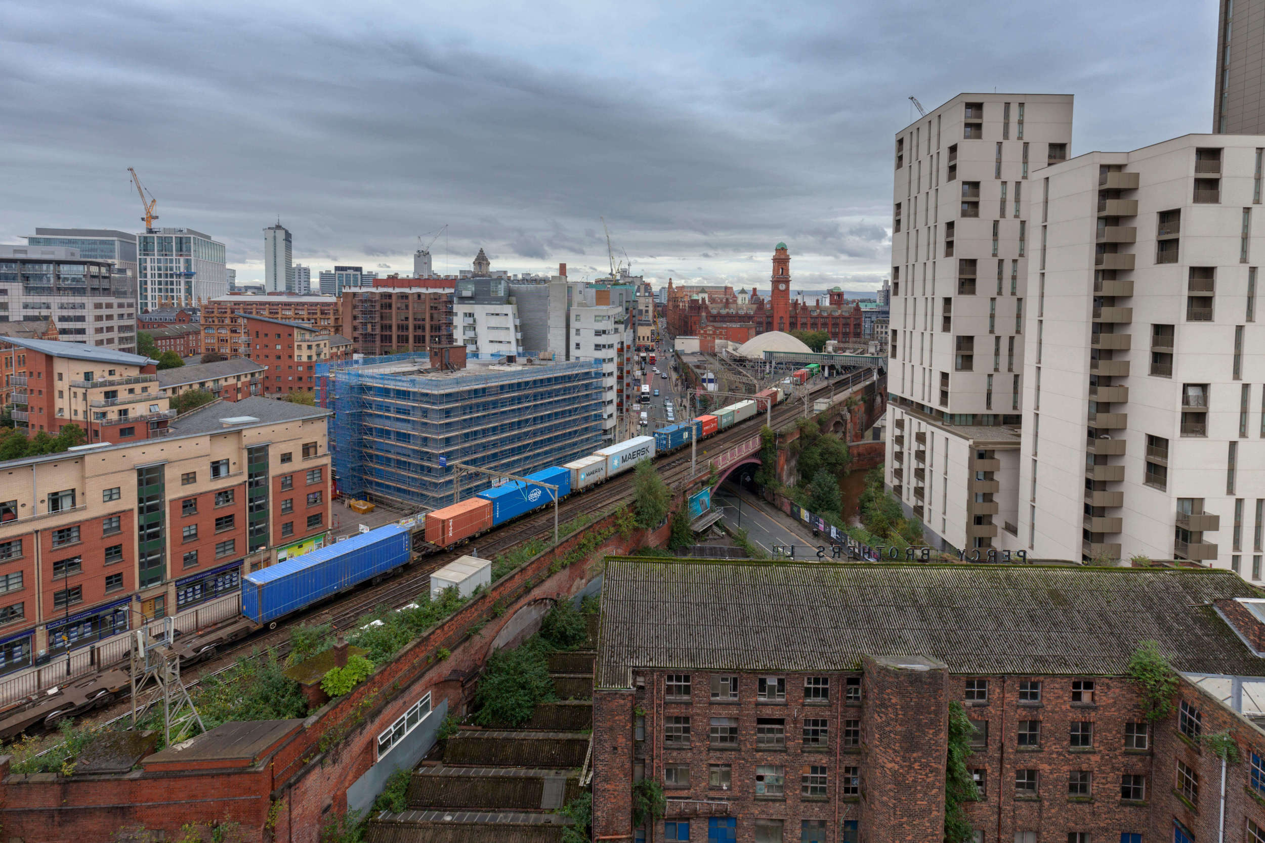 Freight train pasing through a city