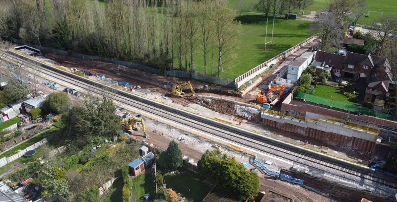 On March 3, progress is being made at the new Pineapple Road station. The constrained nature of the site is obvious. New platforms under construction at Kings Heath. CHRIS HOWE.