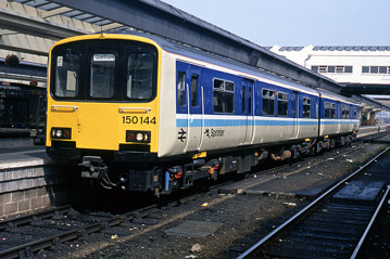 The Class 150/1s were the first production Sprinters and were initially based at Derby Etches Park depot. In August 1989, 150144 reverses at Derby with a Crewe to Grantham train. D Howard / Colour Rail.