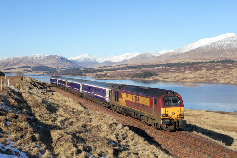 67004 pulling the 0450 Edinburgh-Fort William Caledonian Sleeper at Achallader on March 30 2013. ANTHONY HICKS.