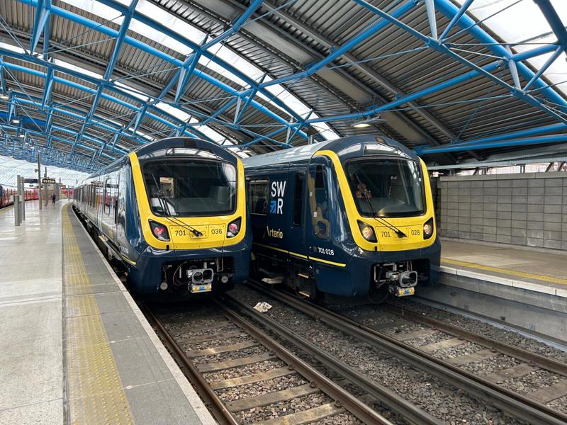 Two Class 701s engaged on driver training and mileage accumulation at Waterloo, before 701037 arrived to be scrutinised. PIP DUNN