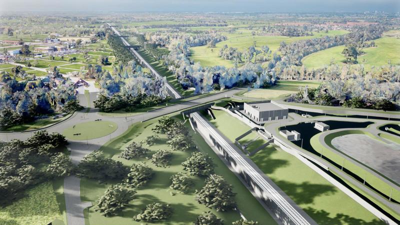 How the Stoneleigh Road green bridge will look when completed, looking north-west. The National Agricultural and Exhibition Centre is top left, with its gatehouse near the roundabout. Currently it’s on a winding road, with just a single ‘ghost island’ for vehicles going onto the site. During events it is exceptionally busy, and for many years the stretch of road has had a high accident rate. HS2 LTD.