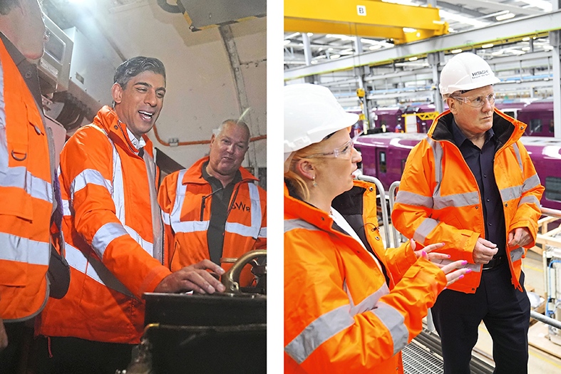 Composite image: Rishi Sunak on the campaign trail and Kier Starmer launching Labour's plan for rail