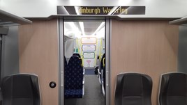 The interior of the Class 385s. This shows part of both the first class (in the foreground) and standard class. SCOTRAIL.