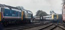 50017 Royal Oak (nearest the camera) and 50007 Hercules stand at Dereham as 41001 arrives at Dereham. AL PULFORD.