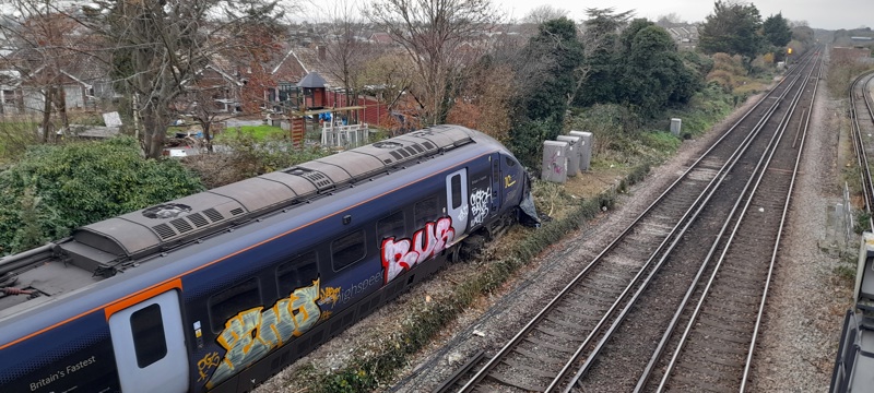 The Southeastern Javelin EMU was sprayed with graffiti after derailing in Ramsgate. JOHN HORTON