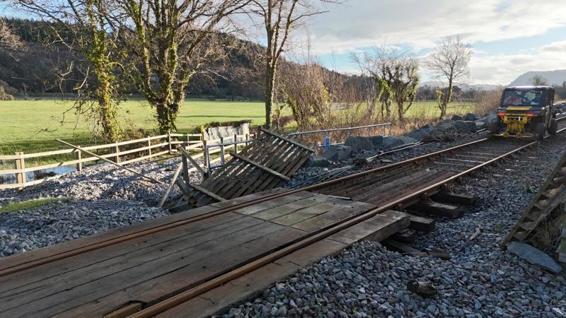 Damage to one of the Conwy Valley line's level crossings. NETWORK RAIL.