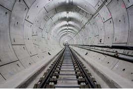 Rail and sleepers aligned in Thames tunnel prior to concrete track slab pour. CROSSRAIL LTD.