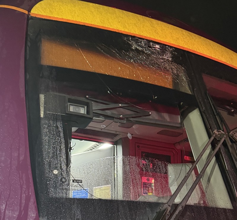 Damaged windscreen of East Midlands Railway Class 170 after it was hit by an object thrown at it. EMR.