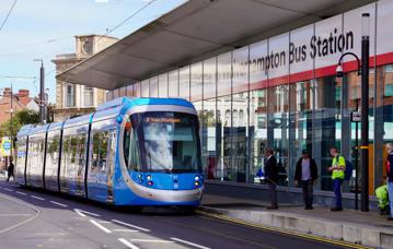 WMM’s Wolverhampton city centre extension opened in 2023. CAF tram 57 calls at the bus station stop at Piper’s Row with a service to the terminus adjacent to Wolverhampton station. PETER PLISNER.