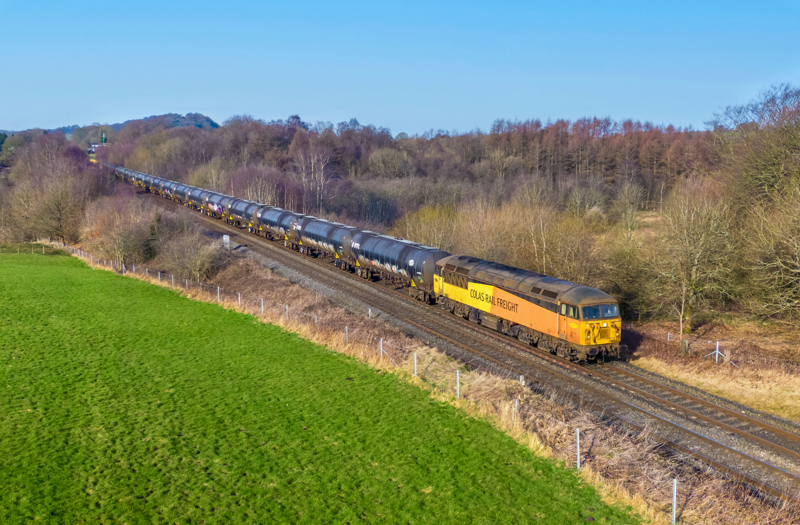 Colas Rail's 56113 takes the second batch of redundant bitumen wagons from Preston Docks to Eastriggs on March 4 2025, seen here at Cherry Tree Junction near Blackburn. TOM MCATEE.