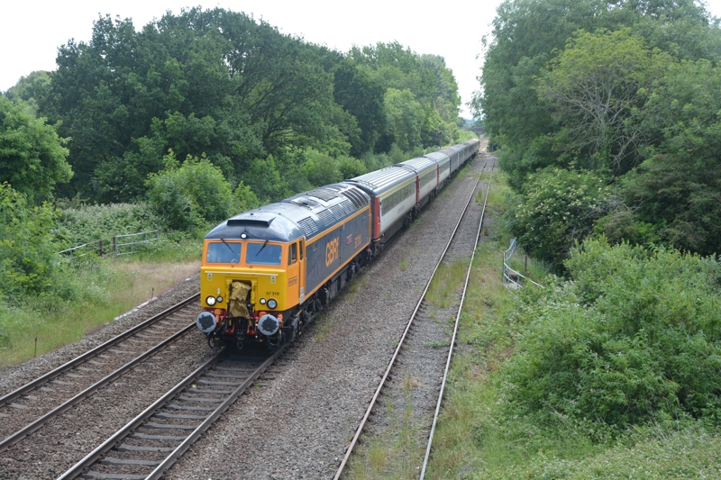 GBRf's 57310 approaches Shrewsbury with the 0826 Haverfordwest-Pwllheli Britannic Explorer dry run on June 10. DAVID STUBBINGS.