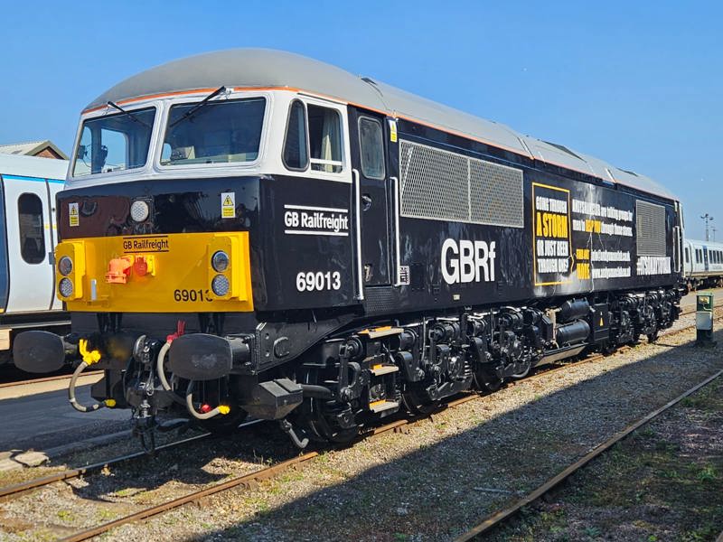 GBRf's 69013 at Eastleigh after being painted in a livery to support mental health charity Andy'sManClub. BOB TILLER/GB RAILFREIGHT.