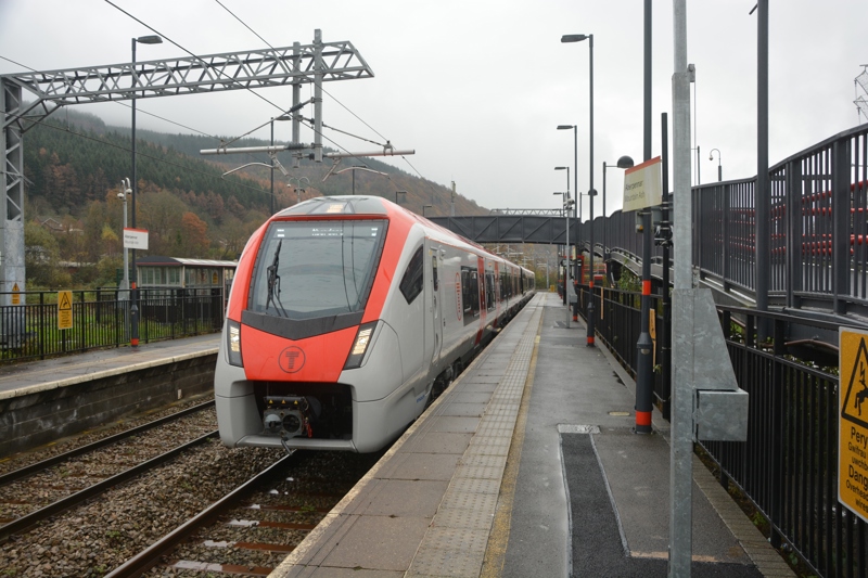 A Transport for Wales Class 756 at Mountain Ash station