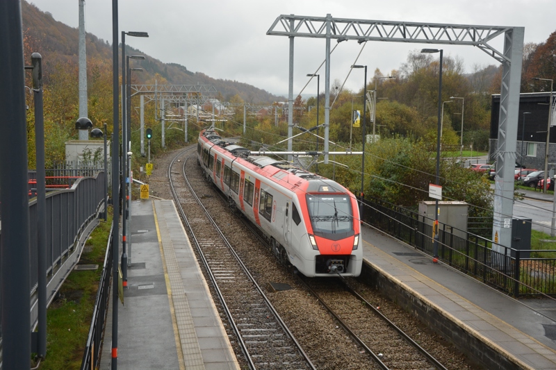 A Transport for Wales Class 756, 756117, enters Mountain Ash station