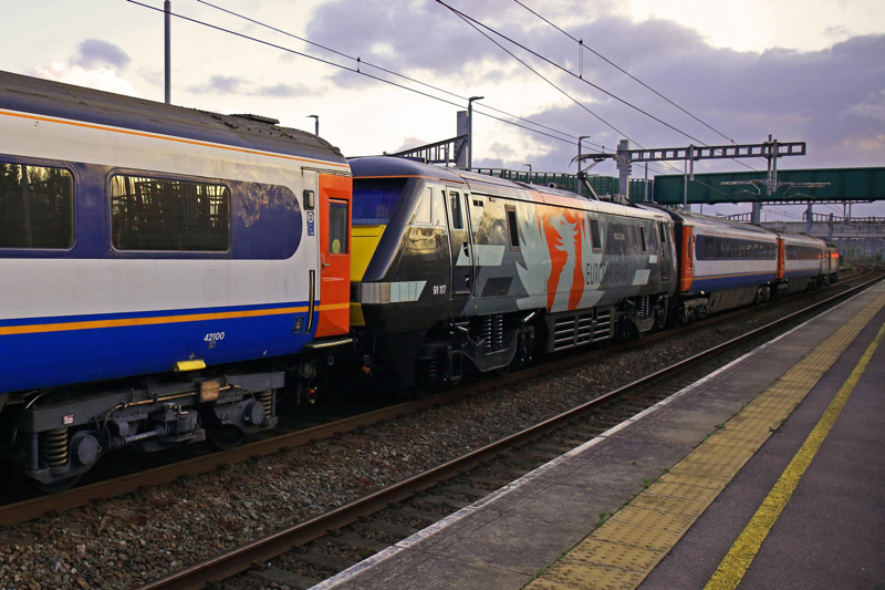 Europhoenix 91117 at Severn Tunnel Junction station on the evening of May 25 while working the overhead line equipment test train. PETER SQUIBBS.