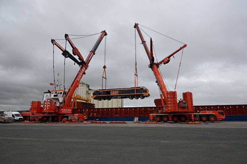 GBRf's 99002 being lifted off a crane at Avonmouth. GB RAILFREIGHT.