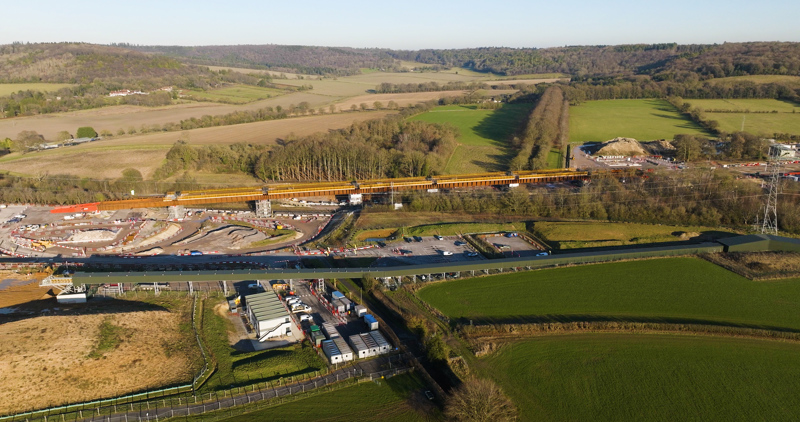 An aerial view of Small Dean Viaduct deck in final position across the A413 and London-Aylesbury line at Wendover. HS2 LTD.